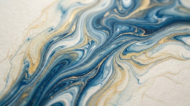 Flowing marbled liquid ink texture on fine paper in blue, gold, ocean, white tones, organic veining, translucent layers, soft metallic shimmer and smooth fluid gradients forming an elegant abstract