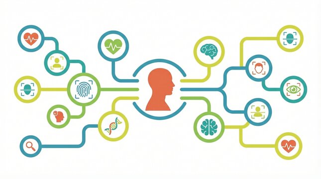 Human brain and body connection illustration, a network of health and wellness icons, digital mind map for mental health, medical data, and holistic well-being concepts.