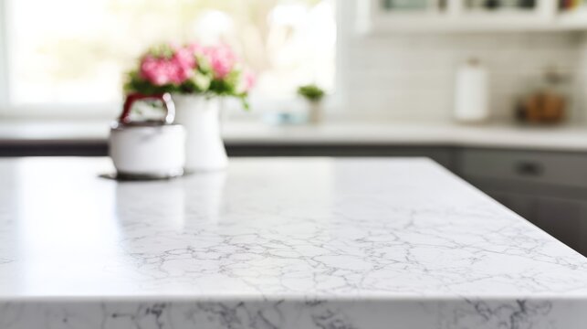 slab. Marble stone kitchen island surface texture close-up, natural ambient light with soft focus background. menu design.

