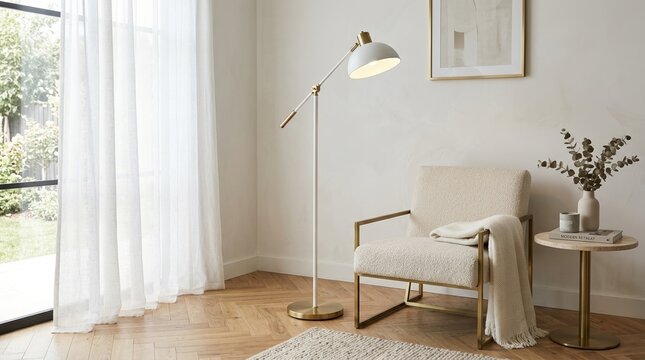 Modern white floor lamp with brass accents in minimalist lounge corner. Realistic interior photography, minimalist luxury