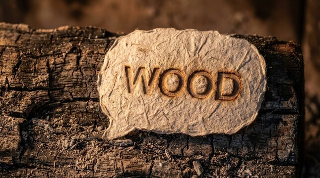 WOOD lettering engraved on raw fibrous paper bubble placed on burnt ash wood surface. Rustic aesthetic, warm cinematic side