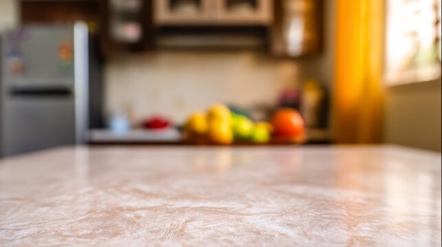 slab. Marble stone kitchen island surface texture close-up, natural ambient light with soft focus background. menu design.
