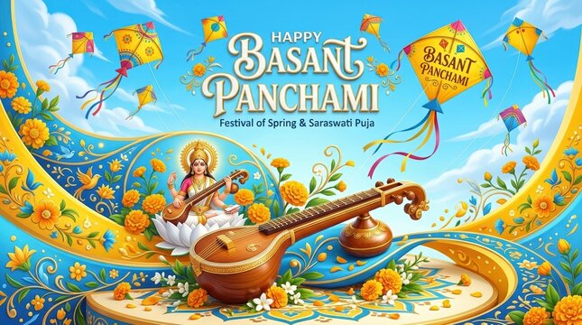 Basant Panchami yellow kites with saraswati veena on bright sky blue and yellow curved background. Spring 3D illustration, clean