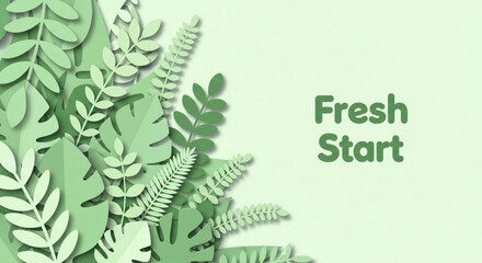 Fototapeta na wymiar Elegant paper cut green leaves and tropical foliage create a serene natural background for a fresh start concept, ideal for eco-friendly designs.
