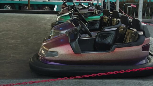 Abandoned antique bumper cars shimmer. Dimly lit vintage ride with reflective surfaces. Quiet nostalgic amusement park scene featuring vintage cars with glowing neon reflections and moody atmosphere