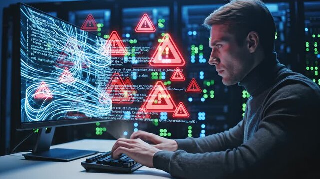 This shows a man experiencing technical difficulties on his computer, with error screens and warning symbols flashing on the monitor. The scene conveys a sense of urgency and concern, highlighting the