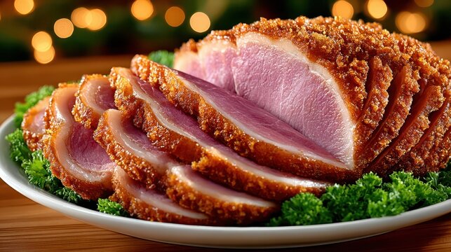 Perfectly sliced roasted ham served on a white platter, garnished with fresh green parsley. Warm, blurry background lights suggest an evening holiday feast or festive gathering