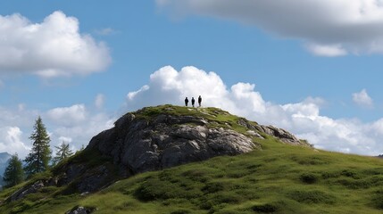 Naklejka premium Three figures stand on a rocky hilltop overlooking a vast green landscape beneath a dramatic blue sky with scattered white clouds