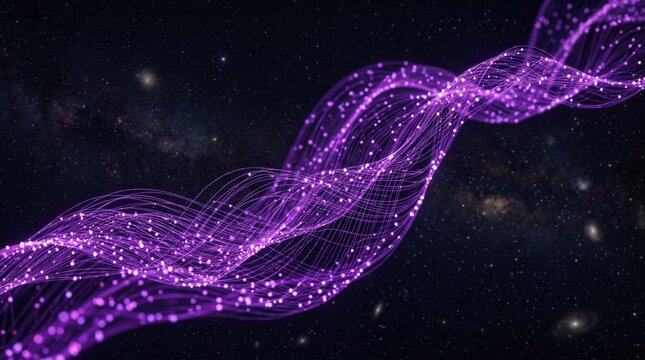 A purple wave of connected dots and fine lines flowing across a dark space, elegant big-data atmosphere with smooth futuristic depth, ultra-realistic, no logos.