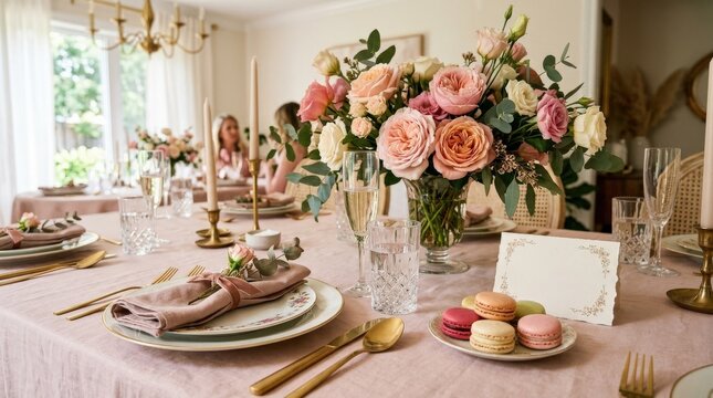 Elegant table setting with pink roses, macarons and a small blank card, beautiful brunch scene for a celebration honoring mothers, refined dining arrangement, soft romantic palette, delicate floral
