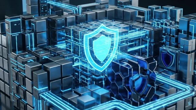 Abstract geometric blocks forming a clean data structure for AI, cloud storage and cybersecurity, polished cube architecture with blue highlights, ultra-realistic, no logos.