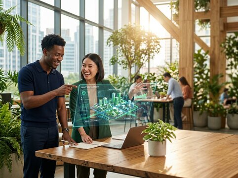 Diverse professional team collaborating on a sustainable smart city project using a futuristic holographic interface in a modern biophilic office with large windows and lush indoor plants