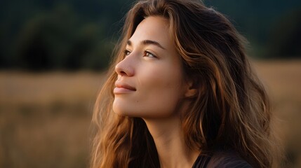 Fototapeta premium Profile portrait of a young woman looking thoughtfully into a golden sunlit natural landscape