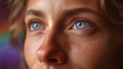 Fototapeta premium An intense detailed close up portrait focusing on a subject s bright blue eyes and expressive gaze