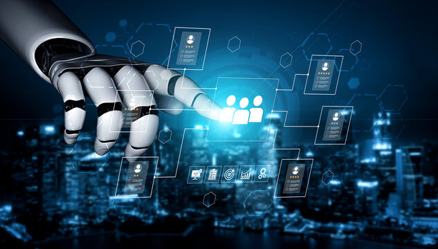 A robotic hand reaching out towards a digital network of people, illustrating human-robot interaction amid a futuristic urban environment with technological elements. Ledger