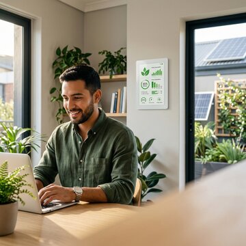 Young professional man working remotely on a laptop in a modern, sustainable home office with a smart energy dashboard and solar panels, emphasizing green living and renewable technology