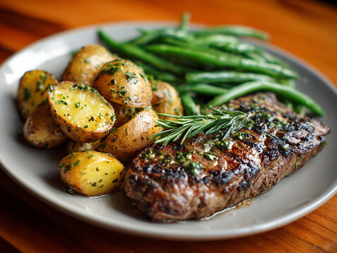 Steak grill&eacute; avec pommes de terre et haricots verts, plat traditionnel - IA Generated