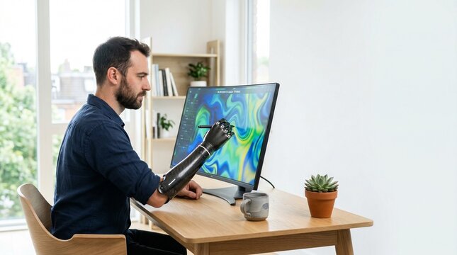 A focused male digital artist with a high-tech carbon fiber prosthetic arm uses a stylus to design colorful abstract graphics on a computer monitor in a bright modern home office setting