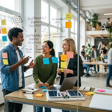 A diverse group of colleagues collaborating on a renewable energy project in a bright office, using a glass wall for brainstorming sustainable technology and green innovation ideas