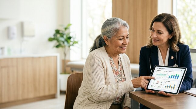 Professional female doctor showing medical results and health charts on a digital tablet to a happy senior patient during a checkup in a bright modern office, highlighting digital healthcare