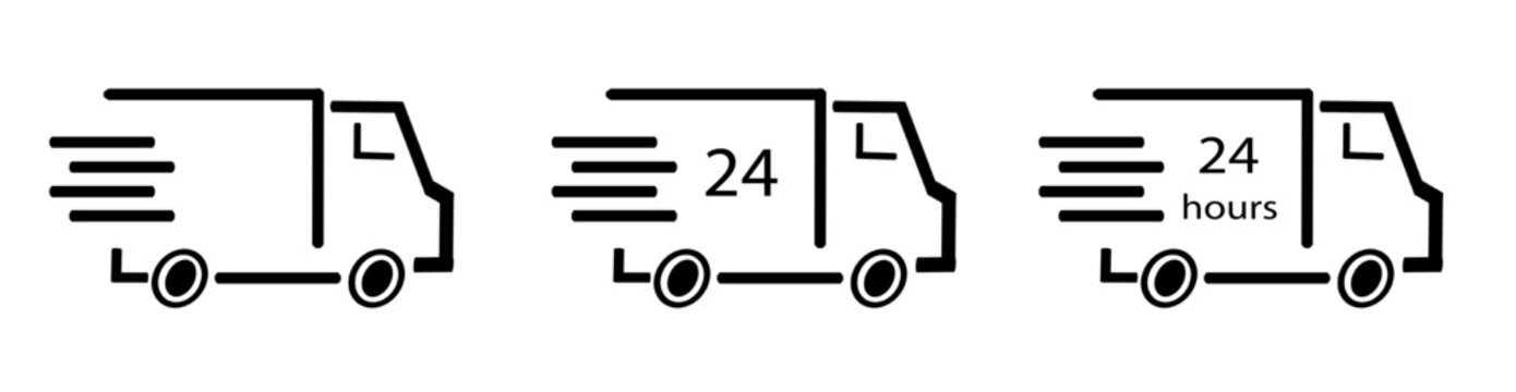 Banner Black Fast delivery icon set. Free shipping, express delivery, 24 hours, fast van. Truck symbol vector graphic