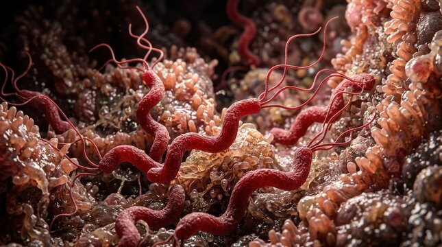 Extreme close-up of red spiral-shaped bacteria with flagella, microscopic scientific view suggesting digestive-system pathogens and medical research, richly textured cellular environment,