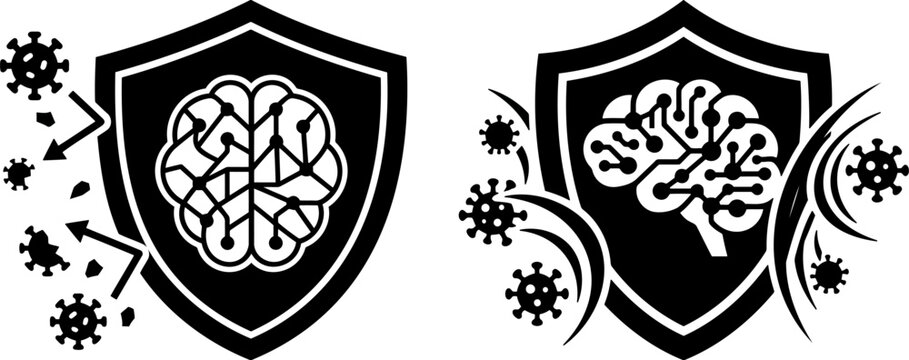 AI cyber security shield icon with circuit brain pattern for technology branding