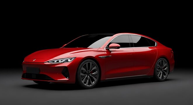 Sleek, red electric car isolated against black backdrop, studio shot