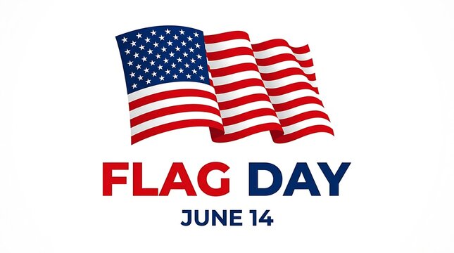American flag waving with Flag Day text and June 14 date  United States national holiday symbol