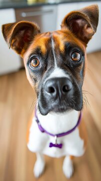 Charming brindle and white Boxer dog sits on a wooden floor, attentively looking up with its big brown eyes. Wearing a purple collar with a bone tag, this pet is inside a modern home during the day