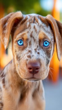 A beautiful merle puppy with stunning vivid blue eyes gazes intently forward. Its spotted brown and tan fur highlights its unique markings as it stands outdoors on a bright day