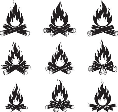 Vintage Woodcut Campfire Icons and Bonfire Silhouette Vector Set