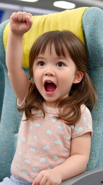 Joyful child reacts with enthusiasm while traveling, raising a fist high. Her mouth is open in a cheer or surprised shout, seated in a blue and yellow airplane interior