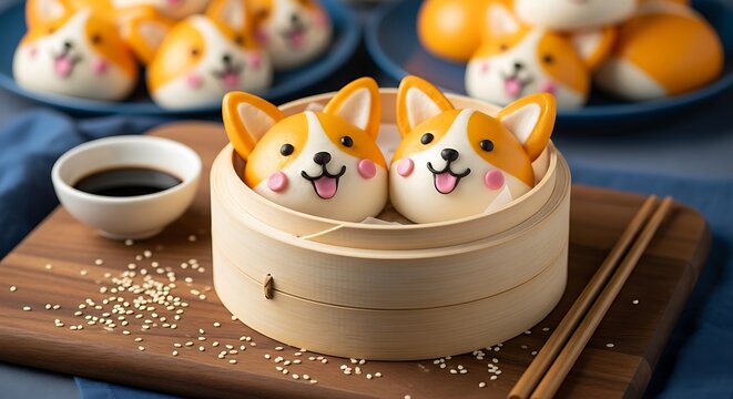 Steamed buns shaped like corgis in a bamboo steamer, with soy sauce and chopsticks