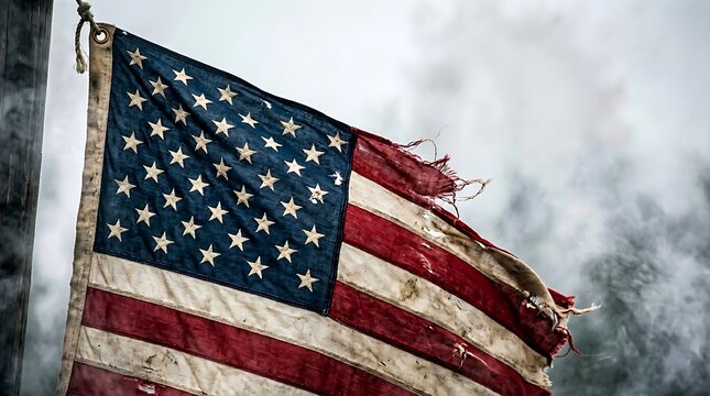 Tattered american flag waving in the wind with smoke in background  usa symbol  american flag  united states flag