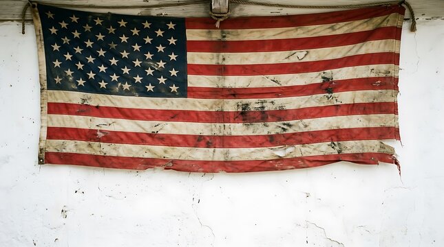 Vintage tattered American flag hanging on a white wall with visible stains and wear  symbol of patriotism and history