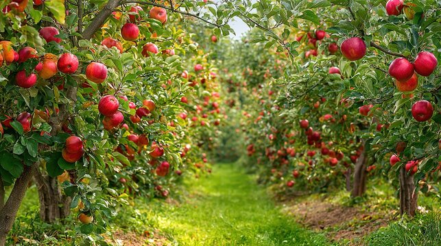 A bountiful apple orchard showcasing rows of trees laden with ripe red apples