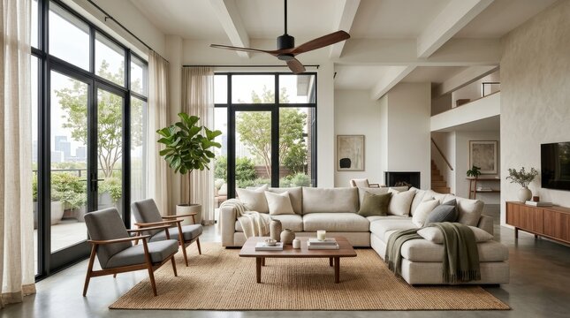 light-filled luxury living room interior mockup, a contemporary couch beneath a sleek modern ceiling fan, soft daylight filtering through large windows, uncluttered styling and domestic comfort,