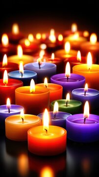 Numerous vibrant colored candles burn brightly on a dark reflective surface. Soft light from the flickering flames creates a warm, peaceful ambiance indoors, ideal for an evening celebration