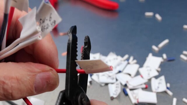 Cutting copper electrical wires with wire cutters. 