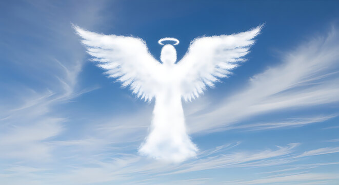 Glowing white angel with outstretched wings in serene blue sky, divine light and halo effect