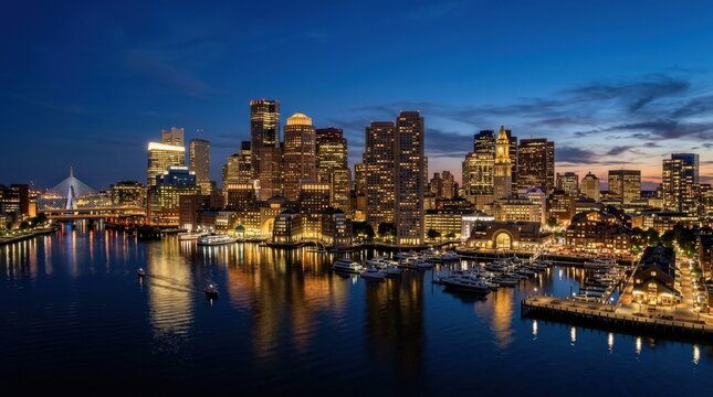 Boston downtown skyline panorama, expansive urban skyline after dark, historic and modern architecture interwoven along the harbor, cool blue-hour tones with crisp reflections on the water, featuring