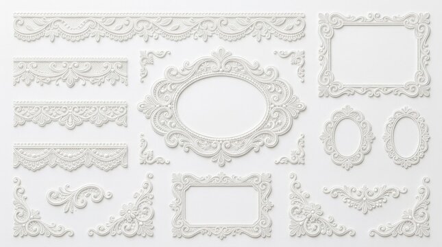 White whimsical lace frames and borders with ornate scrollwork in rectangular and oval forms, elegant curves and playful flourishes on a clean isolated layout, ultra-realistic, no logos.
