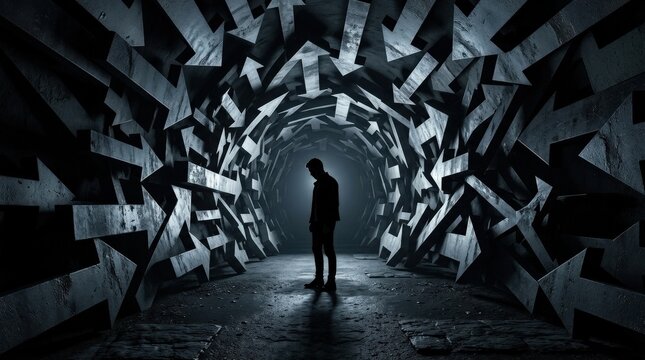 Silhouette of a person standing inside an abstract tunnel of converging arrows, surrounded by pressure, choice and inner conflict, psychological tension visualized through sharp directional forms,
