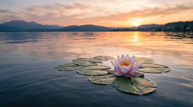 A lotus flower floating in a calm lake at sunset, blue water, soft reflections and spiritual stillness surrounding the bloom, serene wellness and meditation mood with subtle bodensee atmosphere,