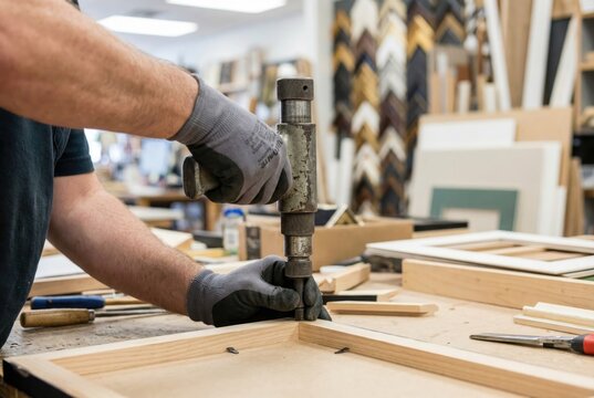 Framer using a manual point driver tool to secure artwork backing board into a wooden picture frame