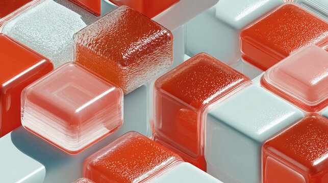 Colorful Red and White Plastic Cubes Arranged in Random Pattern For Abstract Backgrounds