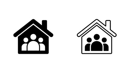 Fototapeta premium A black icon and its outline version of a house filled with the silhouettes of three people, representing a family.