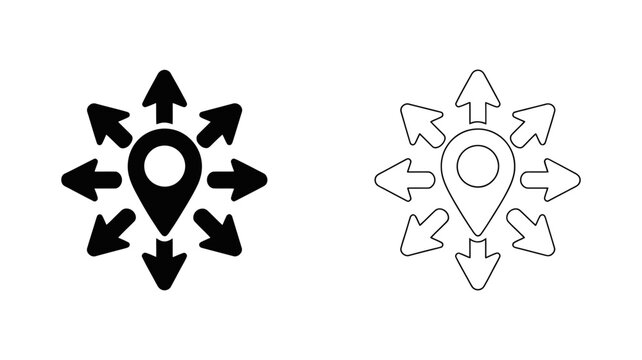 A location pin icon is surrounded by arrows pointing outwards in eight cardinal directions.