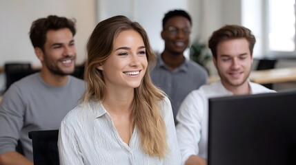 Fototapeta premium A diverse team of professionals collaborating and smiling while working in a bright modern office setting